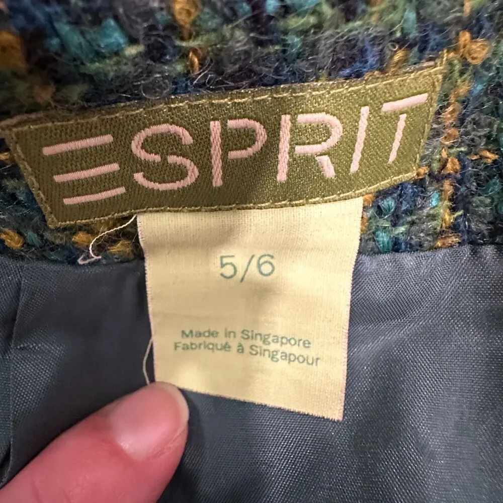 Vintage 90s Esprit Green Yellow Tweed Blazer Mini Skirt Suit Set Size 5/6 Small